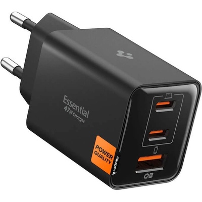 Spigen Захранване за ел. мрежа за лаптопи, смартфони и таблети с USB-A и 2xUSB-C изходи с технология за бързо зареждане - Spigen Essential GaN Fast Wall Charger 47W (EE473EU) (черен) (ACH09465)