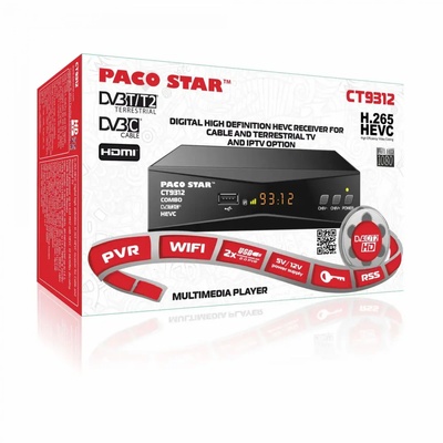 Цифров ефирен DVB-T/ T2 HD приемник Paco Star CT6312, Приемник за свободни канали, 12V (Paco Star CT6312)