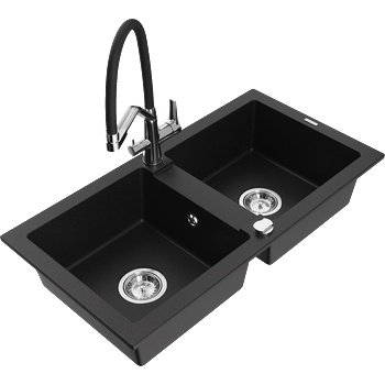 Mexen Mario гранитна кухненска мивка с 2 камери с кухненски смесител Duo, черен - 6504-77-671701-07 (6504-77-671701-07)