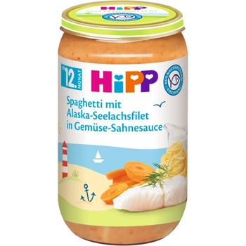 Hipp Био пюре Hipp - Рибно меню спагети с морска треска от Аляска в зеленчуково-сметанов сос, 250 g (6825)