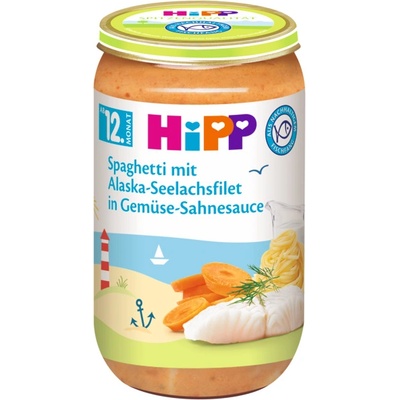 Hipp Био пюре Hipp - Рибно меню спагети с морска треска от Аляска в зеленчуково-сметанов сос, 250 g (6825)