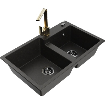 Mexen Tomas кухненска мивка от гранит с 2 камери и кухненски смесител Rita, черен/златен металик - 6516-75-670300-50-B (6516-75-670300-50-B)