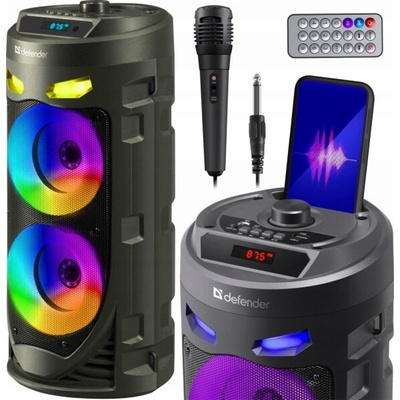 Defender Speaker CRASHBOOM Bluetooth reproduktor 16W MP3 FM SD USB AUX TWS LED MIC LCD KARAOKE černý mikrofon dálkové ovládání