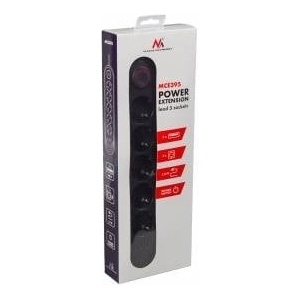 Maclean power strip, 5-outlet extension cord + 3xUSB, 110-240V AC 50/60Hz, 2.1A max 2500W, 1.5m, black, MCE395 B