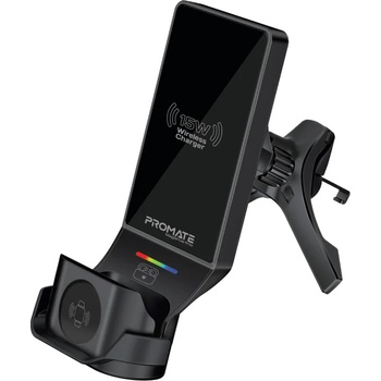 Image 1 of Promate Безжична стойка за кола ProMate, MagDrive-Trio. Black 3-in-1 Wireless Car Charging station w/ 15W MagSafe Compatible Charger, 3.5W Apple Watch Charger and 4.5W AirPods Charger - Черна