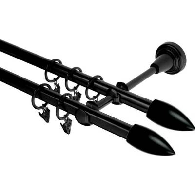 OK-GarnýžeCZ Garnýž kovová dvouřadá 16mm Špice Double černá 220 cm do stěny / kroužky s žabkou