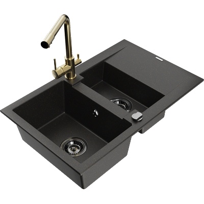 Mexen Gaspar гранитна мивка 1, 5-чашкова с отцедник и кухненски смесител Duero, черен/златен - 6507-75-671600-50-B (6507-75-671600-50-B)