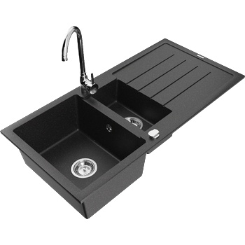 Mexen Andres гранитна мивка с 1, 5 камери с отцедник и кухненски смесител Telma, черен/сребърен - 6515-73-670200-00 (6515-73-670200-00)