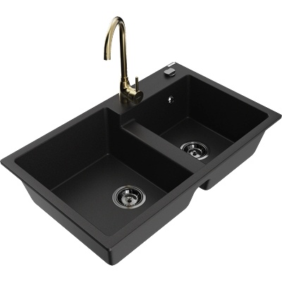 Mexen Tomas гранитна мивка с 2 камери с кухненски смесител Telma, черен - 6516-77-670200-50-B (6516-77-670200-50-B)