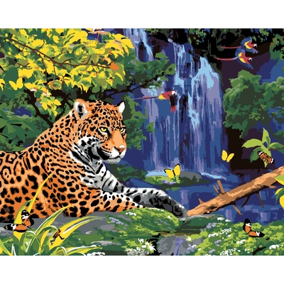 ZUTY Malování podle čísel JAGUÁR U VODOPÁDU A PAPOUŠCI HOWARD ROBINSON 40 x 50 cm
