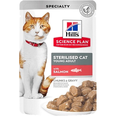 Hill's Мокра храна за кастрирани котки на възраст от 6 месеца до 6 години Hill's Science Plan Feline Young Adult Sterilised, пауч със сьомга в сос, 85 г