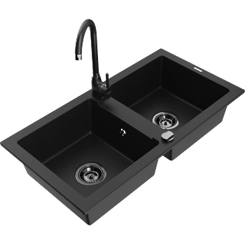 Mexen Mario гранитна мивка с 2 отделения и кухненски смесител Telma, черен - 6504-77-670200-70-B (6504-77-670200-70-B)
