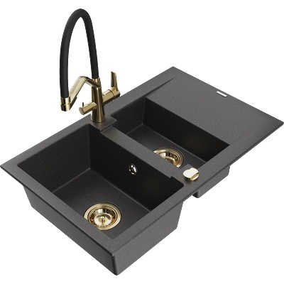 Mexen Gaspar гранитна мивка 1, 5-камерна с отцедник и кухненски смесител Duo, черен с точки - 6507-76-671701-57-G (6507-76-671701-57-G)