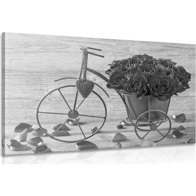 Obraz bicykel plný ruží v čiernobielom prevedení