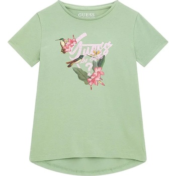Image 1 of GUESS Зелена тениска с асиметрична кройка за момиче с флорални мотиви и надпис Guess с глитери