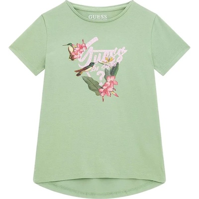 GUESS Зелена тениска с асиметрична кройка за момиче с флорални мотиви и надпис Guess с глитери