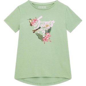 GUESS Зелена тениска с асиметрична кройка за момиче с флорални мотиви и надпис Guess с глитери