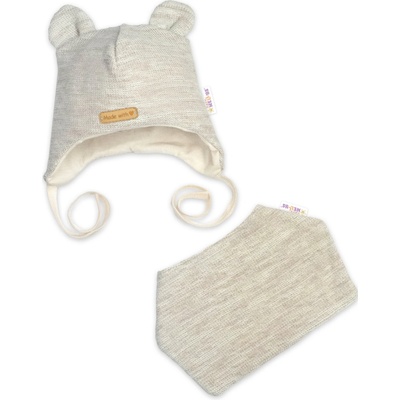 Pletená čepice s bavlněnou podšívkou a šátkem 2v1 Teddy Hand made svetlo béžová