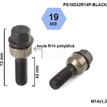 Kolový šroub M14x1,5x42 koule R14 pohyblivá, černý, klíč 19, výška 72