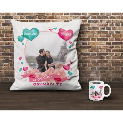 Възглавница и чаша за Свети Валентин ЛЮБОВ