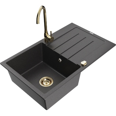 Mexen Bruno гранитна мивка с едно отделение с отцедник и кухненски смесител Telma, черен на пръски - 6513-76-670200-50 (6513-76-670200-50)