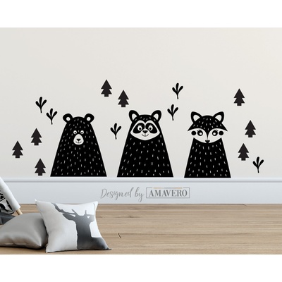 Amavero Samolepka na zeď Happy Forest Friends - medvěd mýval liška 125x50 cm set 18 ks černá