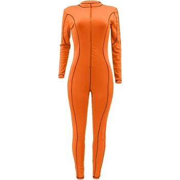 Моден едноцветен гащеризон с дълъг ръкав и цип, оранжев