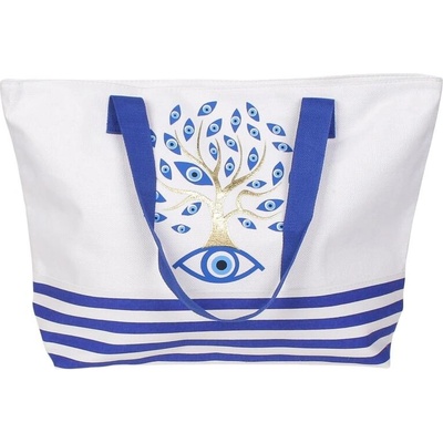 Плажна чанта в бяло със синьо райе и око