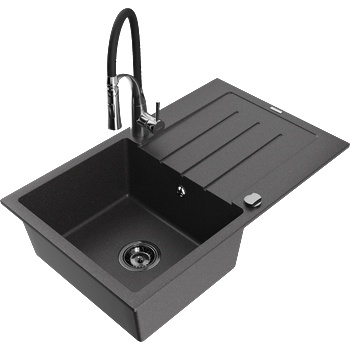 Mexen Bruno гранитна мивка с 1 отделение с отцедник и кухненски смесител Aster, черен накрапчен - 6513-76-73450-07-B (6513-76-73450-07-B)