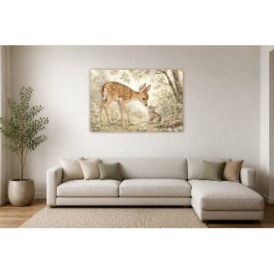 Obraz na plátně – Skvrnité mládě a králík v lese 135 × 90 cm