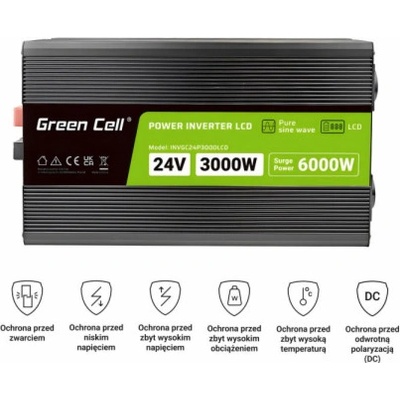 Green Cell INVGC24P3000LCD z 24V na 230V, 3000W/6000W - čistá sinusoida s LCD displejem