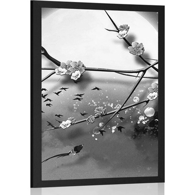 Plakát větve stromu za úplňku měsíce v černobílém provedení - 40x60 no frame