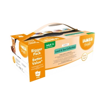 Iams Delights Land & Sea Collection in Jelly - Вкусни паучове с дива риба тон и херинга, вкусна сьомга и пъстърва, печена пуйка и патица и сочно агнешко и дроб, 48 х 85 гр