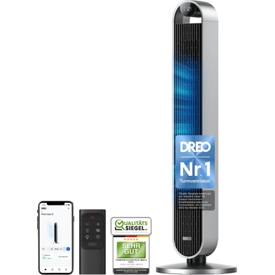 DREO Smart Tower Fan Very Quiet, 120° Oscillating Fan with Cooling, 25dB Stand Fan with Remote Control for Bedroom, 12 Speeds, 4 Modes, 12 Hour Timer, Pilot Max S - DR-HTF004S