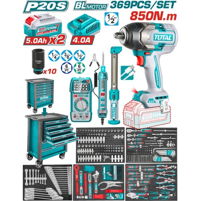 TOTAL Количка с инструменти total industrial 7 чекмеджета, 369 части + ударен гайковерт 20v tiwli20851 (thptcs83692)