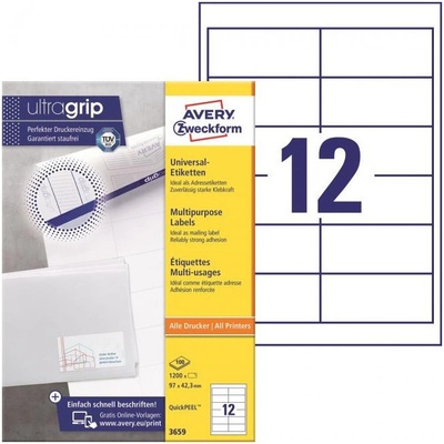Avery-Zweckform 3659 97 x 42.3 mm papier biela 1200 ks trvalé univerzálne etikety atrament, laser, kópie; 3659