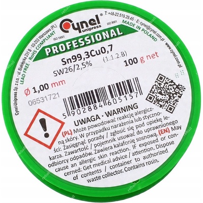 CÍN PRO PÁJENÍ S TUXEM 2,5% BEZOLOVNATÝ Sn99,3Cu0,7 CYNEL 1,0mm 100g