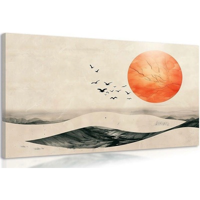 Obraz japandi krajina s oranžovým měsícem - 120x80