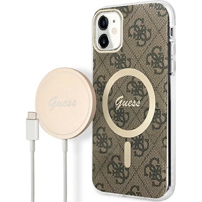 GUESS Комплект безжично зарядно устройство и кейс Guess GUBPN61H4EACSW за iPhone 11 6.1"", кафяв / кафяв, твърд, съвместим с MagSafe, 4G Print (GUE002548-0)