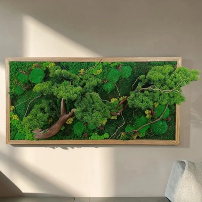 WoodYar Machový obraz Strom života Bonsaj 120x60 cm – Rám: Borovica / Odtieň Dub