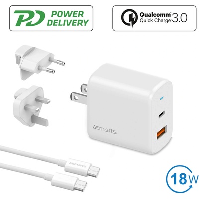 Захранване за ел. мрежа с USB-A и USB-C изходи, USB-C към USB-C кабел и адаптори за USA и UK стандарт (18W) - 4smarts Travel Charger Set VoltPlug QC/PD 18W With USB-C Data Cable (бял) (4S465572)