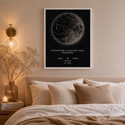 Plakát MĚSÍC s HVĚZDNOU OBLOHOU Rozměr plakátu: A3 (29,7 x 42 cm), Rámeček: Dřevěný rámeček, Počet osob, Text: 3-4 osoby vlastní text