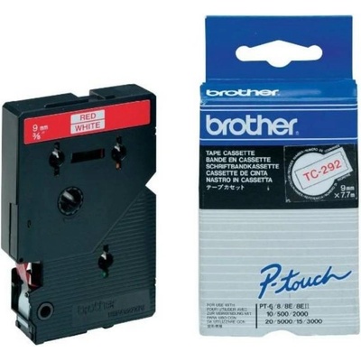 Brother TC-292, 9mm x 7,7m, červená tlač / biely podklad, originálna páska