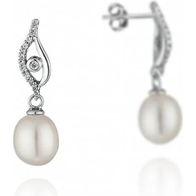 Swan Сребърни обици със сладководни бели перли и циркони CAA062E Swan