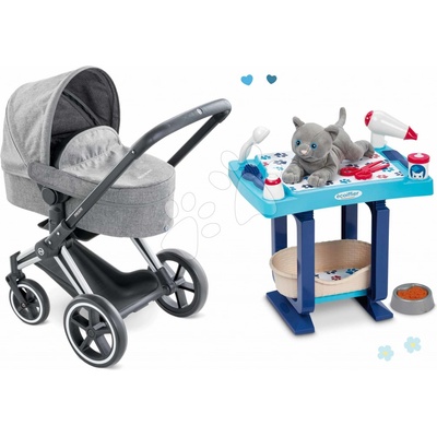 Corolle Set kočík a opatrovateľský kútik Cybex Landau 3v1 Priam s plyšovou mačičkou s pelechom a 9 doplnkami