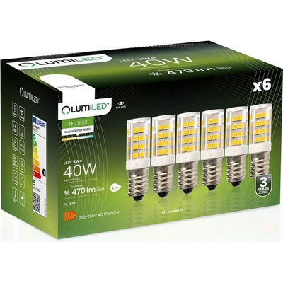 Lumiled 6x LED žiarovka do chladničky T25 E14 5W = 40W 470lm 4000K Neutrálna biela 320°