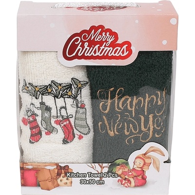 Хавлиени кърпи в зелено и екрю с коледни чорапчета