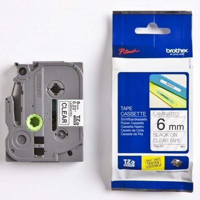 Páska do štítkovače Brother TZe-111, 6mm, černý tisk/průsvitný podklad, originál