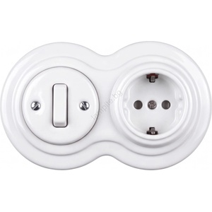 Elhard - Керамичен ретро ключ № 1 и 230V розетка с рамка SCHUKO, бяла (EF0092E)