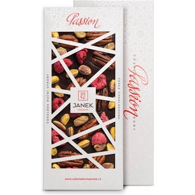 Čokoládovna Janek Passion 72% maliny pistácie pekany hořká 120 g